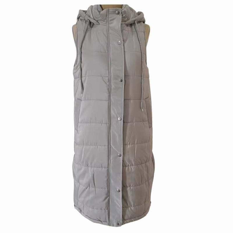 Women's knee-length hooded puffer vest lightweight sleeveless quilted design for outdoor walks