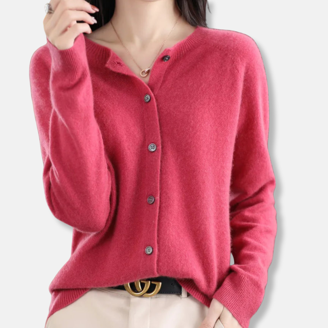 Women's merino wool cardigan regular fit button-front ribbed knit sweater soft neutral tone