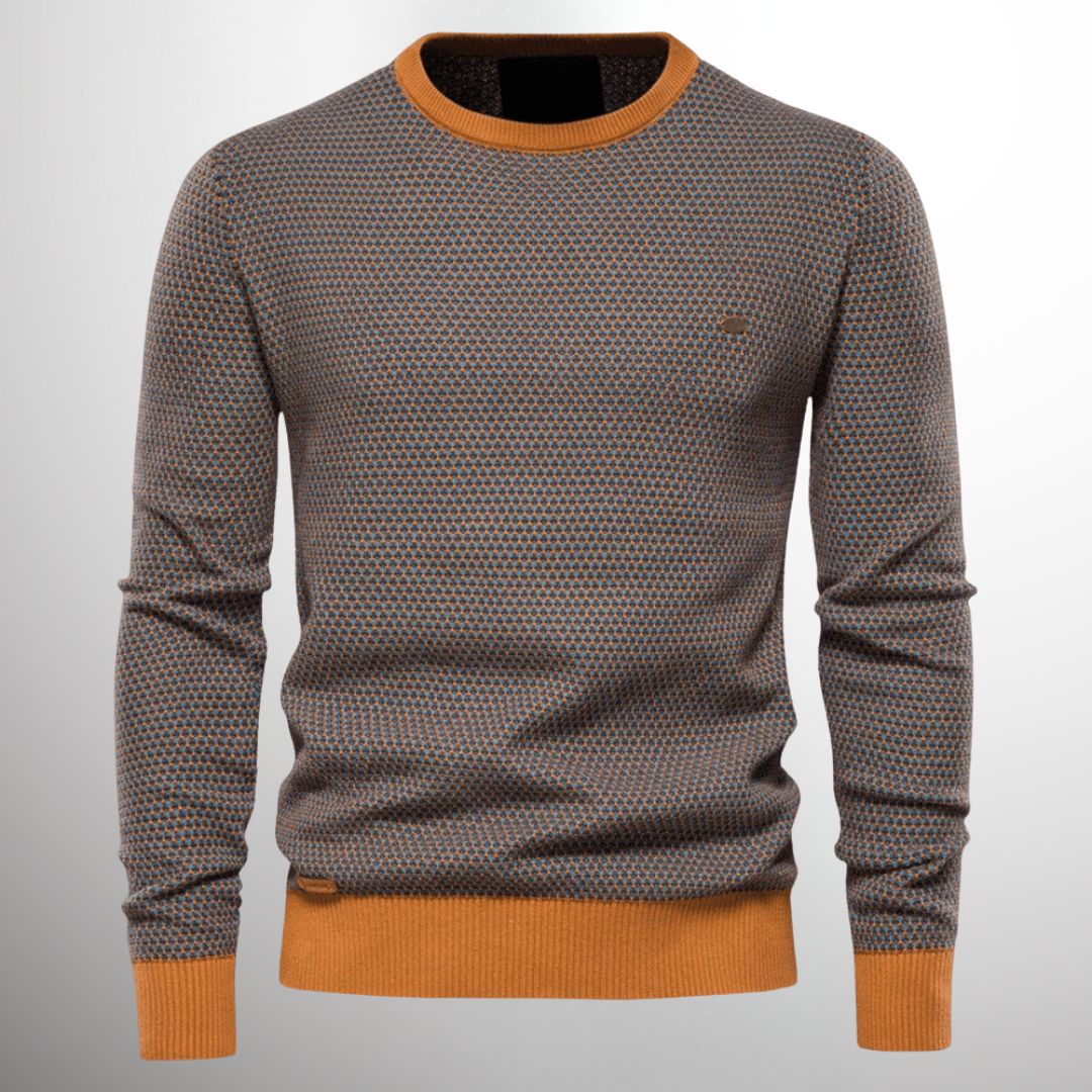 Men's premium cotton knit sweater in neutral tone, long sleeve cozy breathable crewneck for fall winter