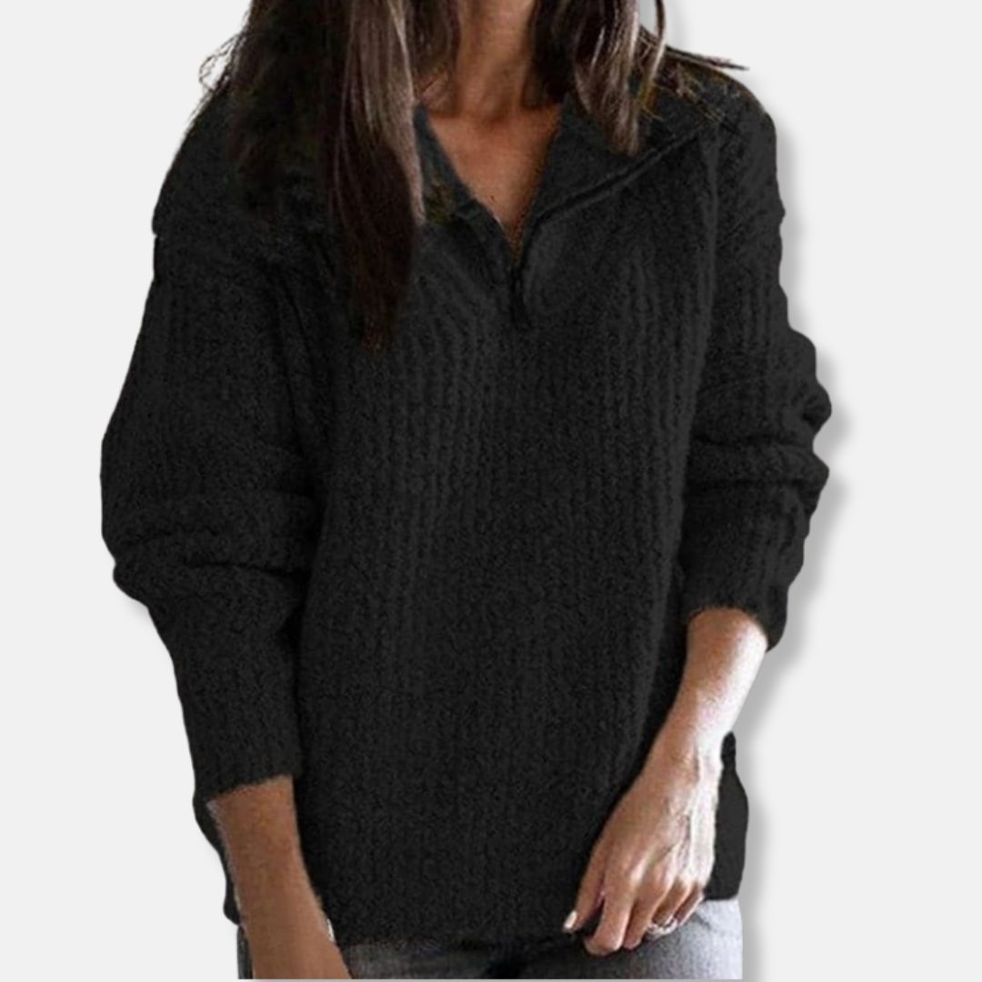 Women's ribbed half-zip collar sweater relaxed fit hip-length knit for chic winter comfort