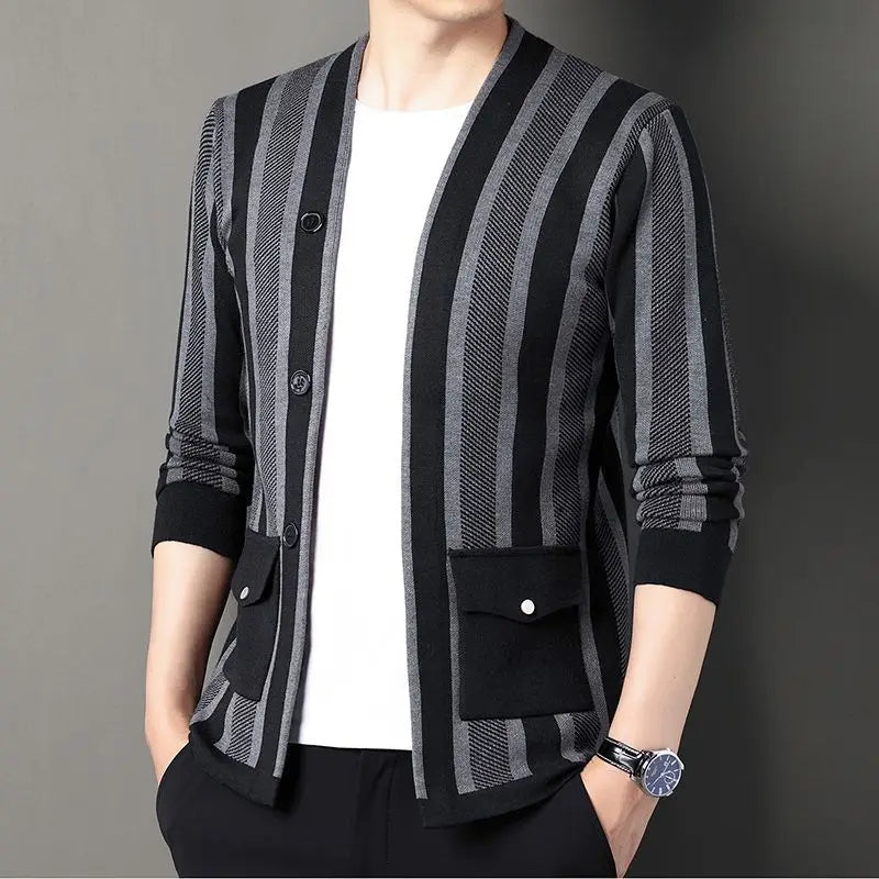 Trenton striped wool-blend cardigan tailored fit bold vertical stripes modern layering piece