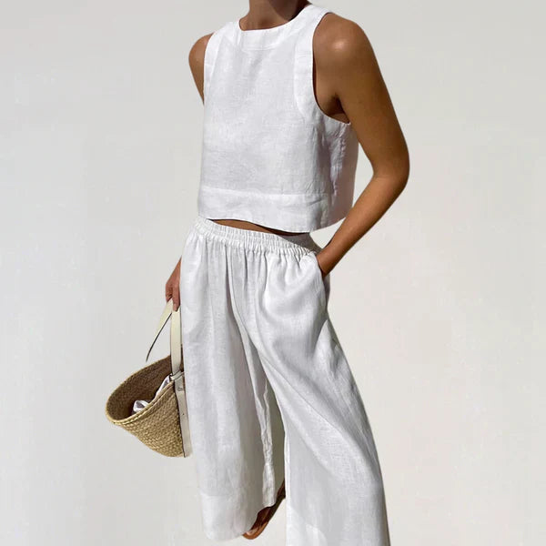 Women's linen co-ord set sleeveless cropped top wide-leg pants breathable casual luxury summer outfit