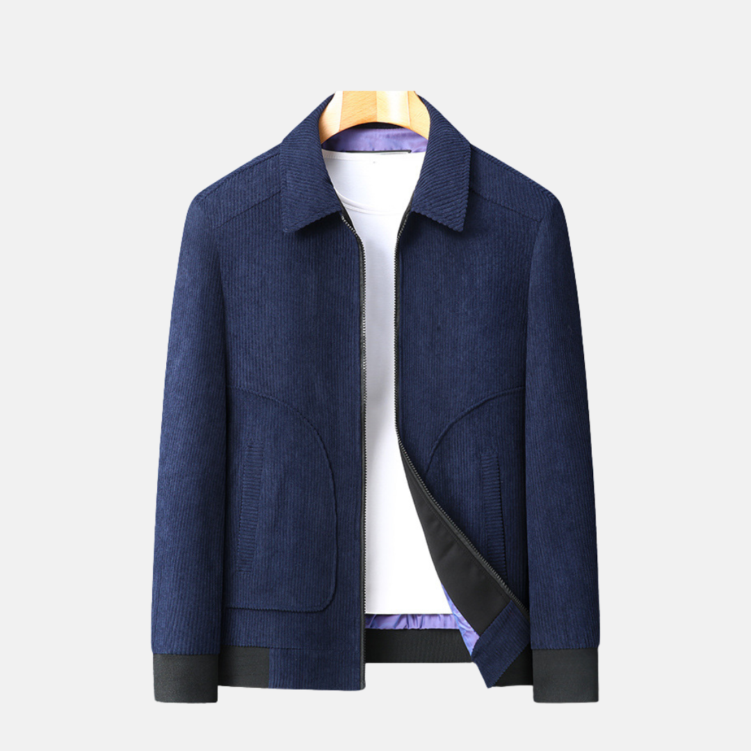 Men's brown corduroy hip-length jacket loose bomber-inspired silhouette smart casual outerwear