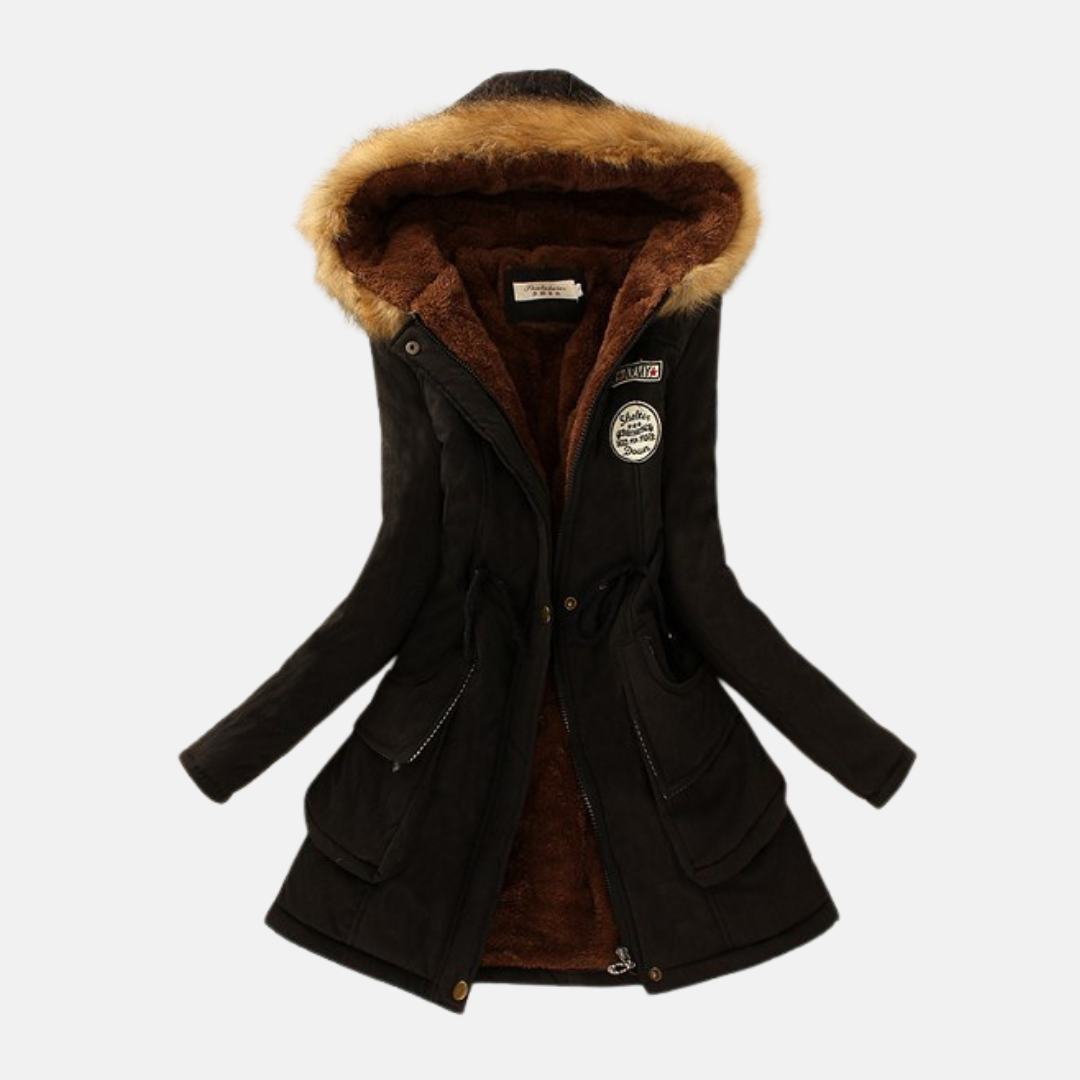 Women's olive green parka coat with cozy sherpa lining, faux fur hood, and relaxed winter fit