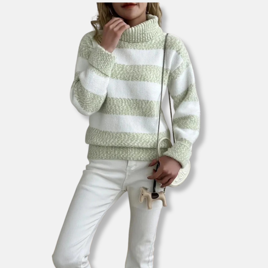 Women's plush knit turtleneck pullover sweatshirt in striped texture, relaxed loose fit for fall