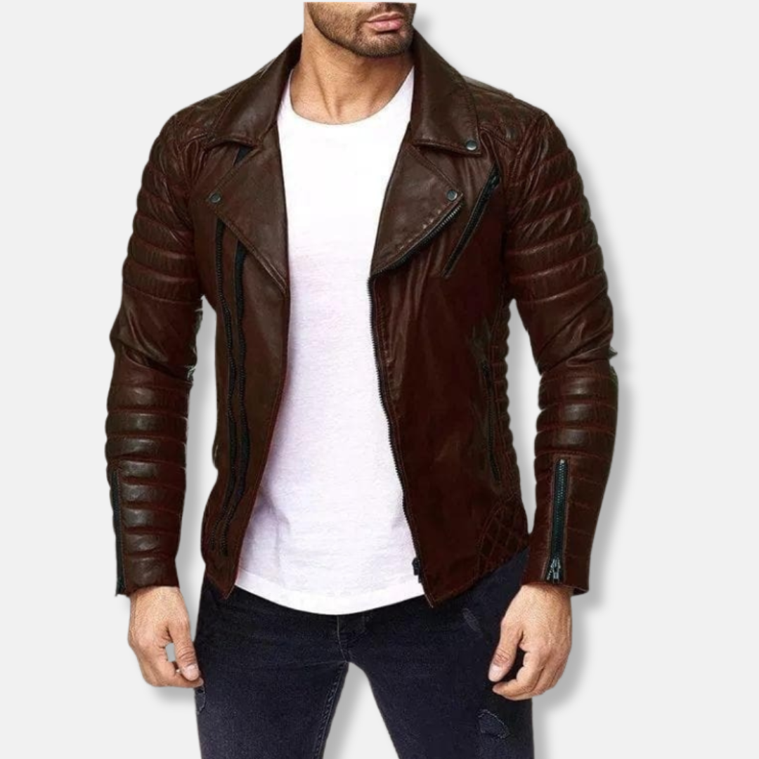 Men's black slim fit faux leather biker jacket with quilted detailing and asymmetric zip closure
