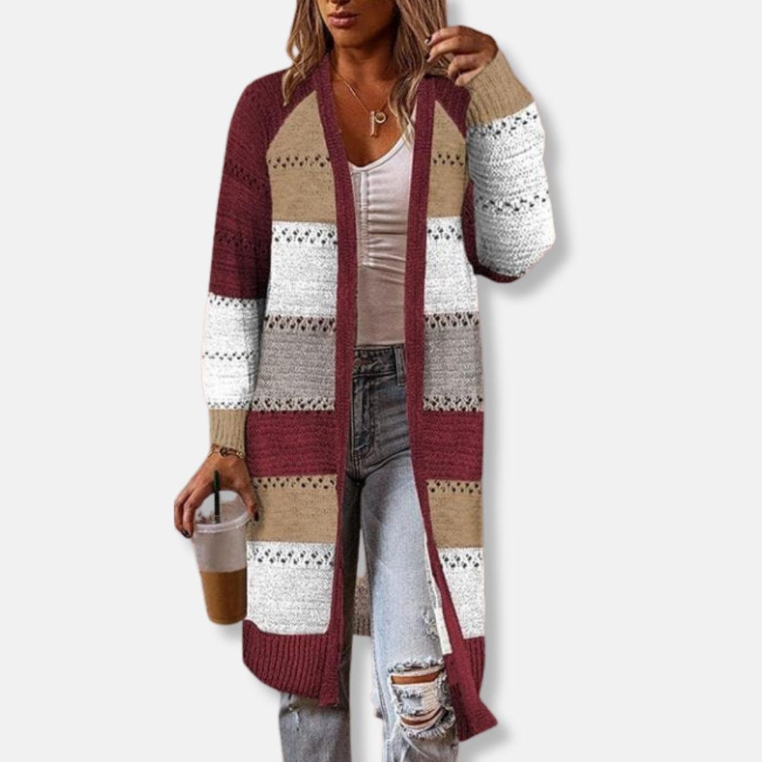 Women's wool cardigan relaxed open-front knee-length silhouette with striped ribbed cuffs