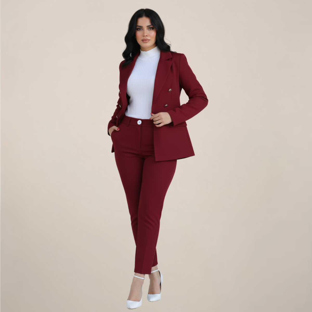Women's tailored two-piece blazer and slim trousers suit set for professional office wear