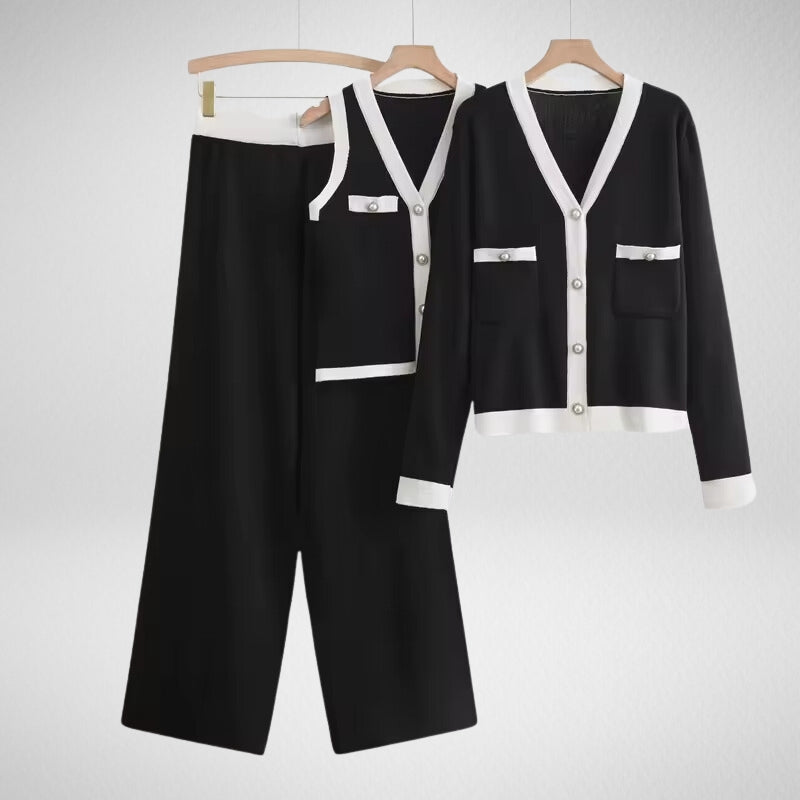 Women's 3-piece cotton-blend set with pearl button accents and bold contrast trims relaxed fit
