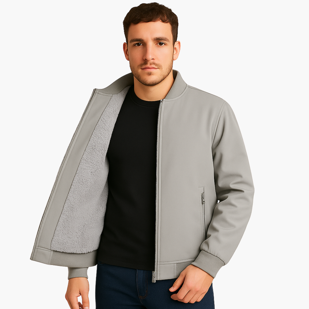 Men's black bomber jacket with fleece lining, zip closure, baseball collar, casual everyday style