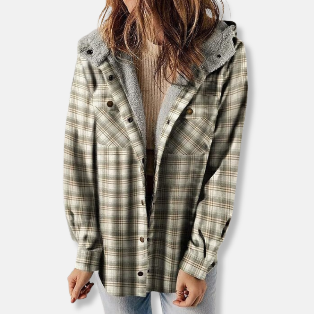 Women's relaxed fit checkered shirt jacket with hood and pockets in classic plaid pattern
