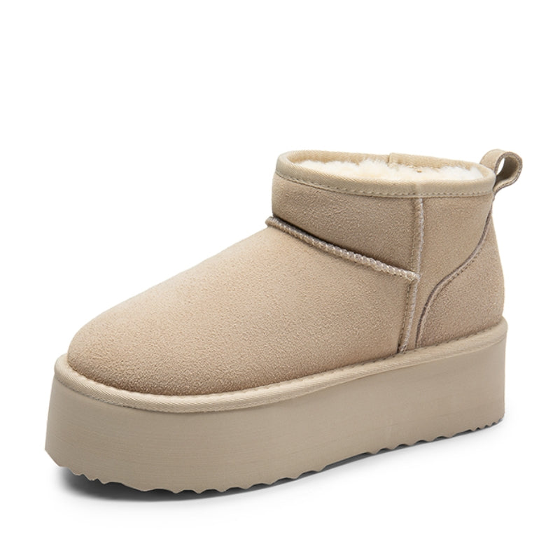 Women's brown suede platform ankle boots with plush lining, memory foam insole, and anti-slip outsole