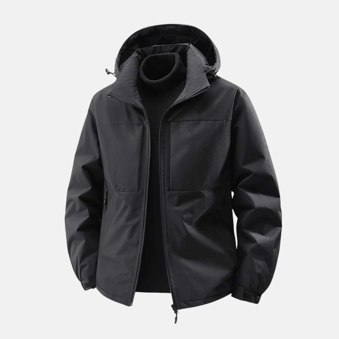 Men's navy blue windproof hooded jacket relaxed fit with zip front pockets Nordic style