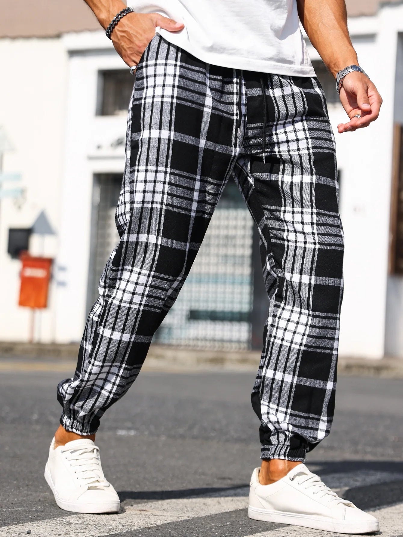 Men's tapered plaid jogger pants in brushed cotton flannel with drawstring waist for all-day comfort