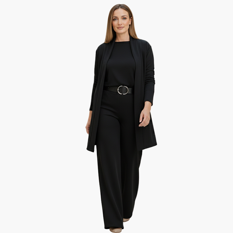 Women's black three-piece business suit with open long blazer, coordinated top, tailored trousers and belt
