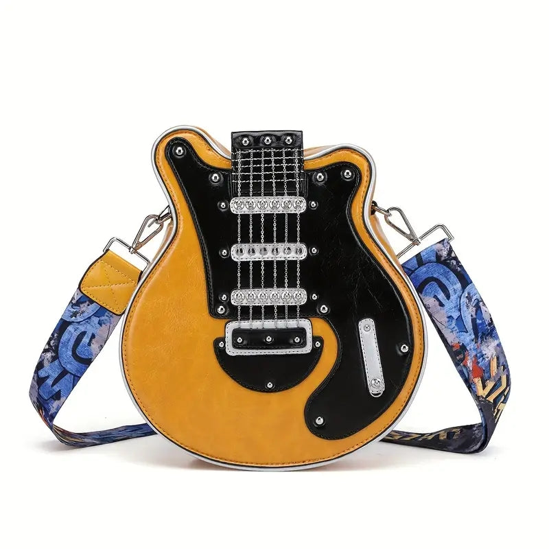 Guitar-shaped unisex crossbody shoulder bag with rock edge strap and spacious interior for music lovers