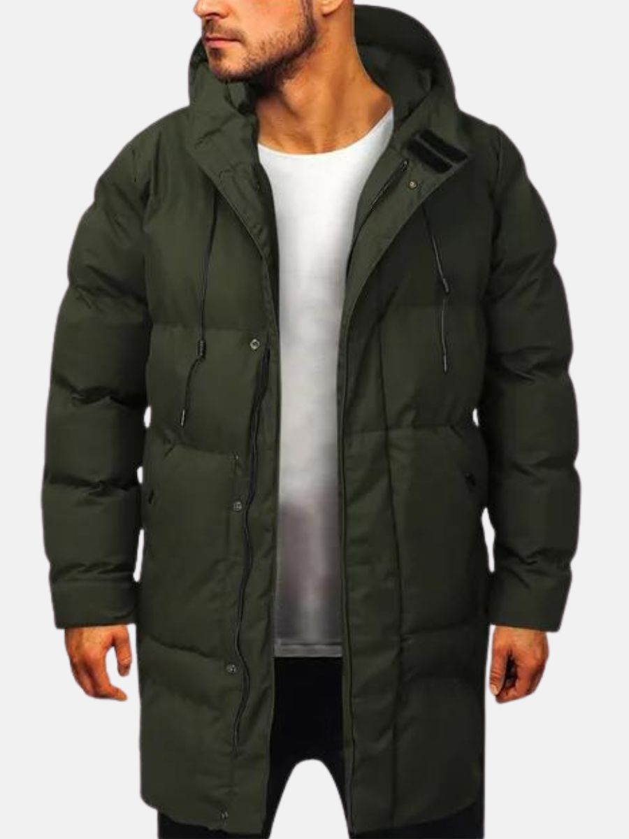 Men's black longline puffer jacket with hood and zipper pockets for cold weather warmth