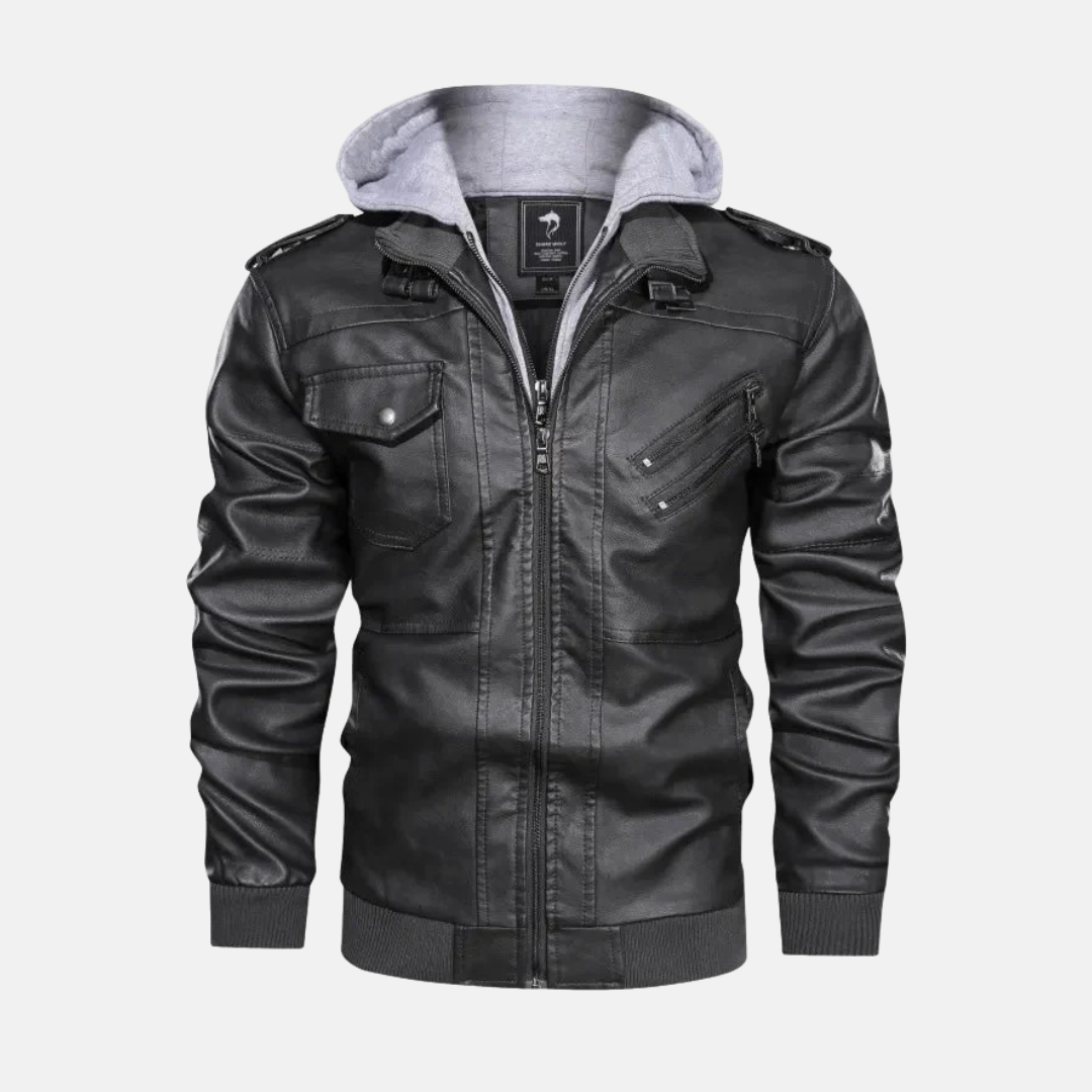 Men's black PU leather jacket detachable hood stand collar zipper front urban outerwear