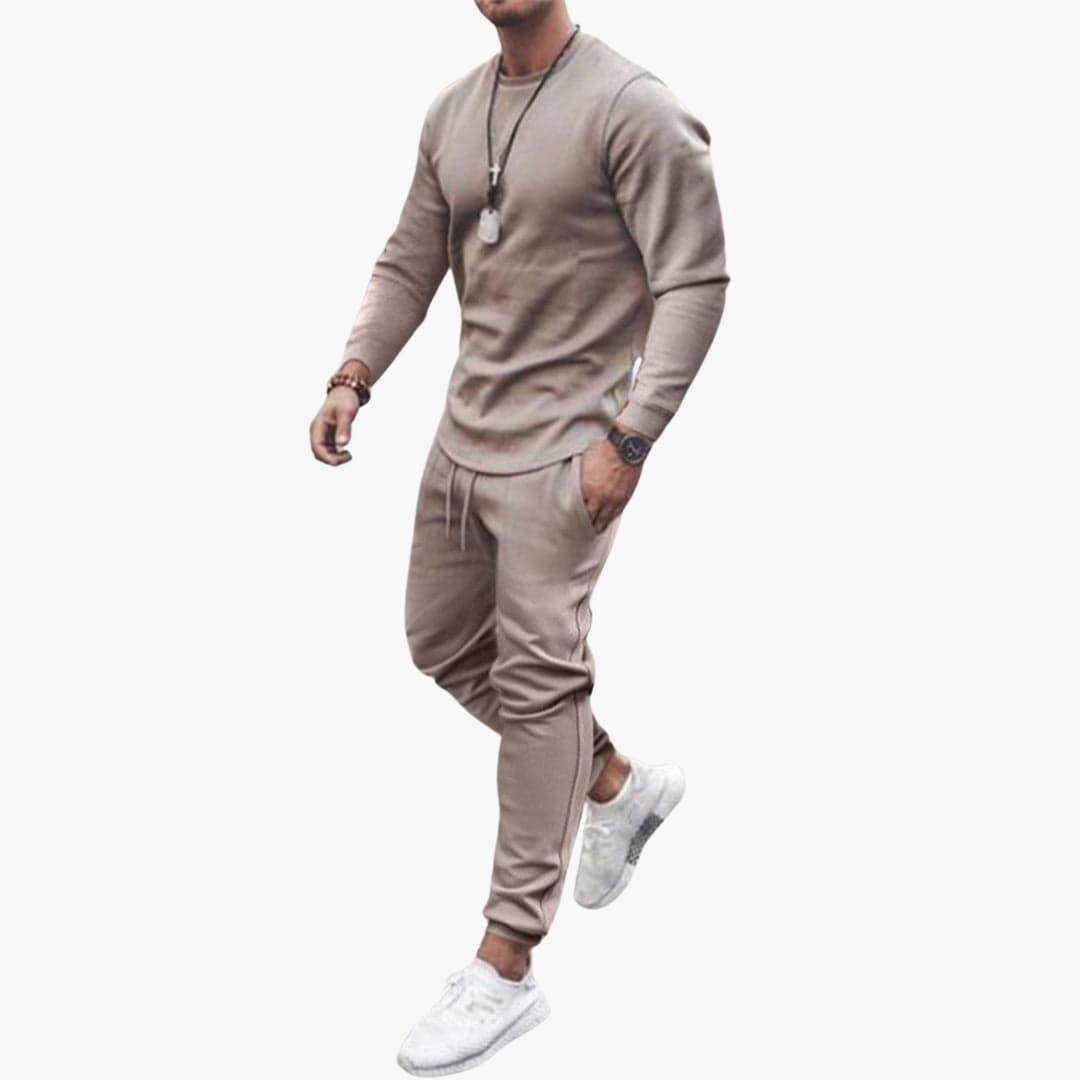 Men's two-piece navy long-sleeve round neck top and straight-hem pants set with side pockets