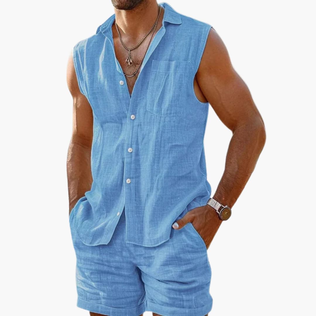 Men's light blue sleeveless shirt and shorts matching set, relaxed fit with button placket, summer casual