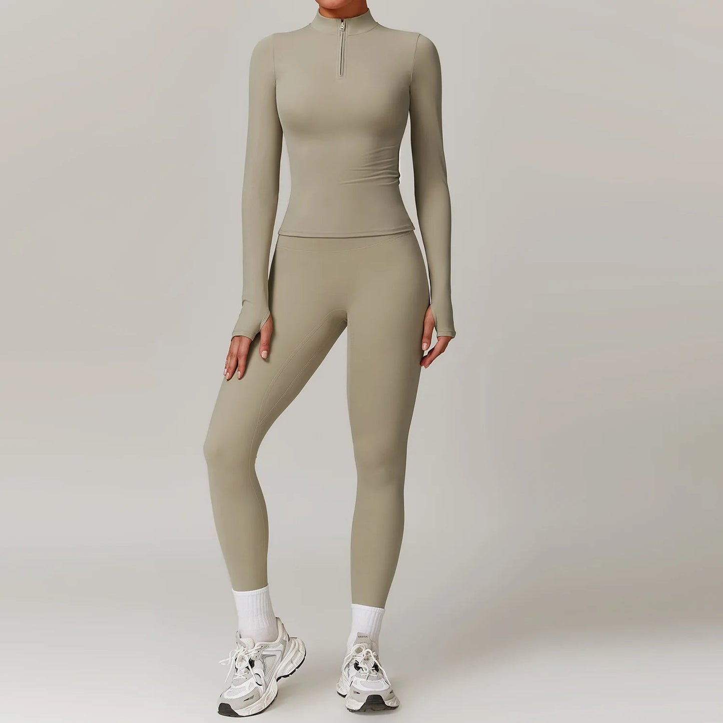 Women's seamless activewear set in neutral tone, sculpted fit, breathable spandex-nylon two-piece