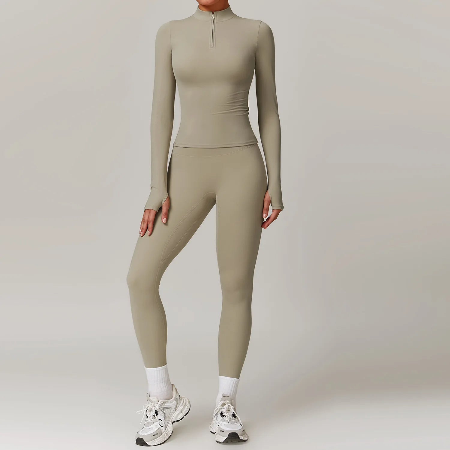 Women's seamless activewear set in neutral tone, sculpted fit, breathable spandex-nylon two-piece