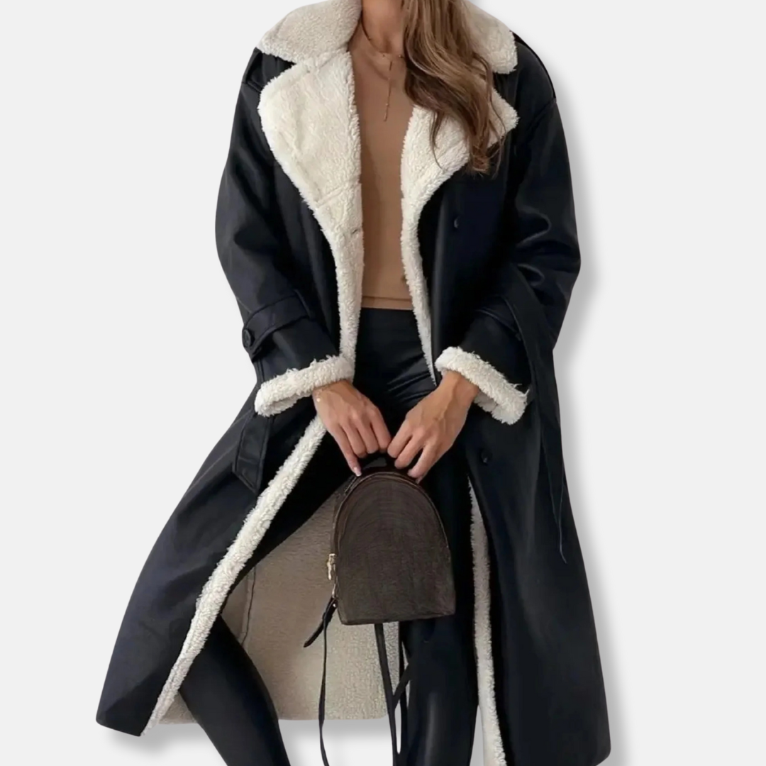 Women's oversized long double-breasted coat plush lined collar fall winter elegant outerwear