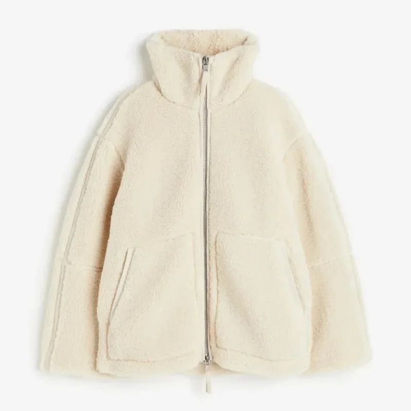 Tory oversized teddy coat with plush interior, high collar, warm women's winter jacket in neutral tone