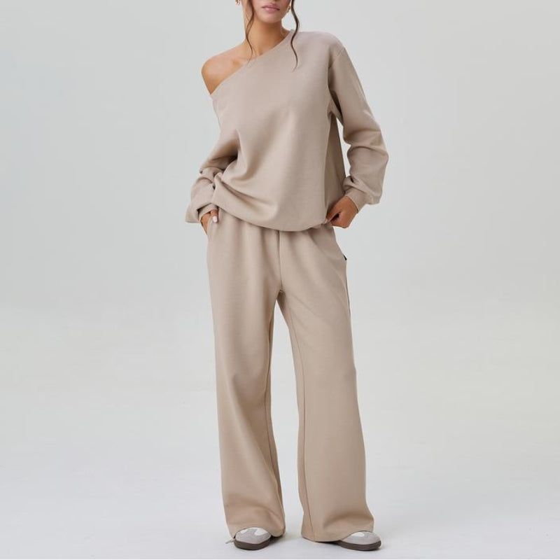 Women's soft knit co-ord set draped shoulders wide leg trousers coordinated two-piece loungewear