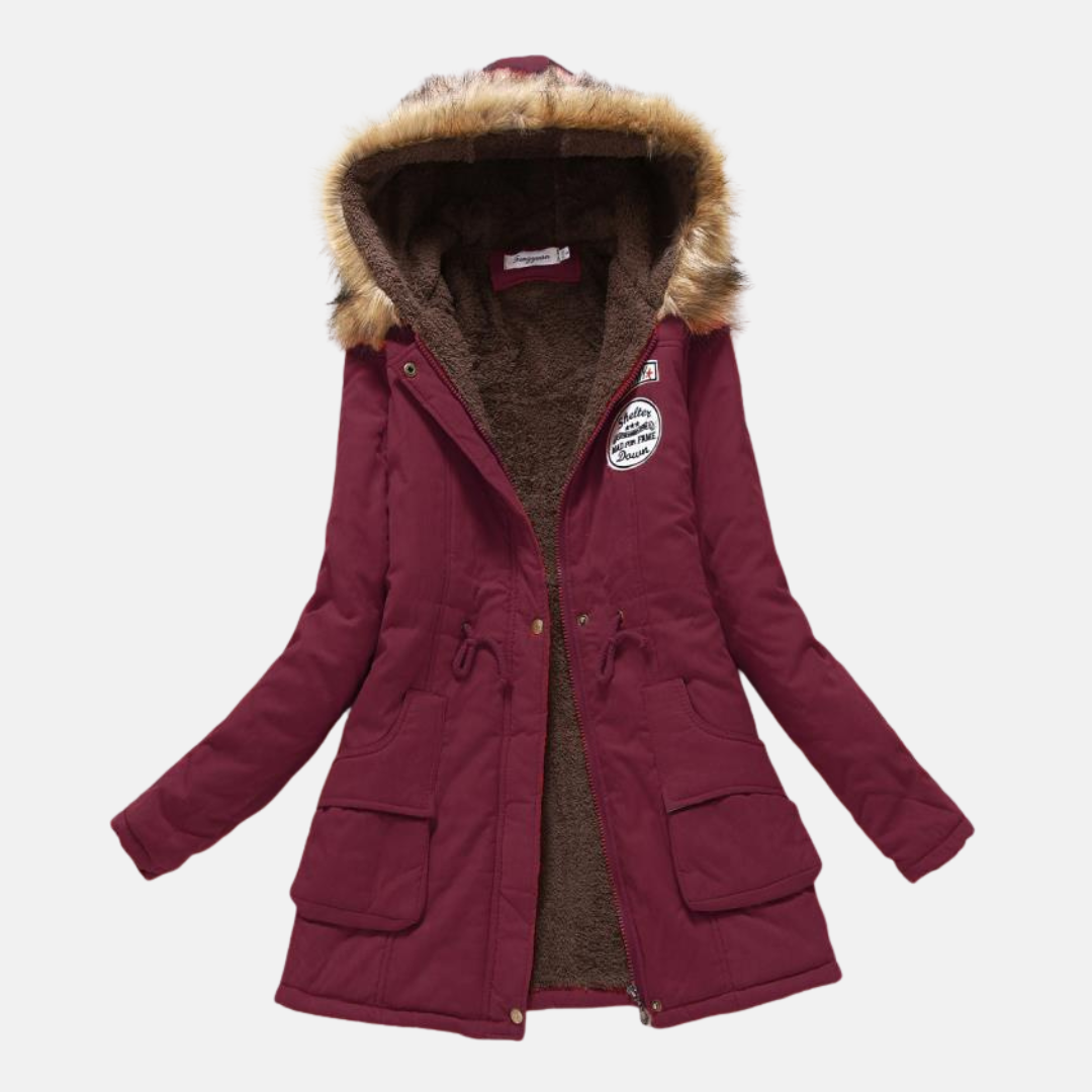 Women's tailored parka jacket fleece-lined with faux fur hood, zip closure, streamlined fit