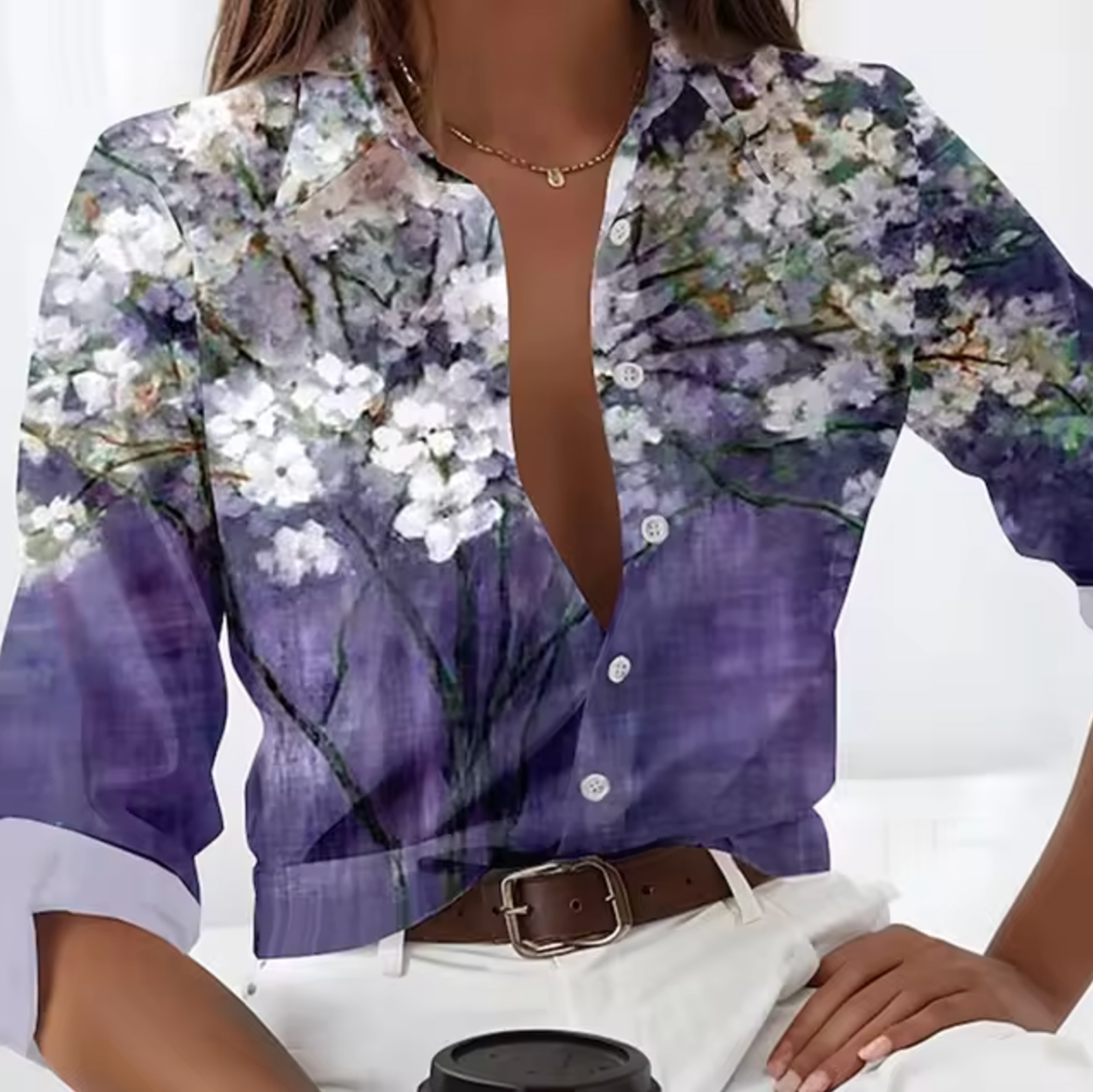 Women's loose fit floral button-up blouse, lightweight long sleeve top with breathable fabric