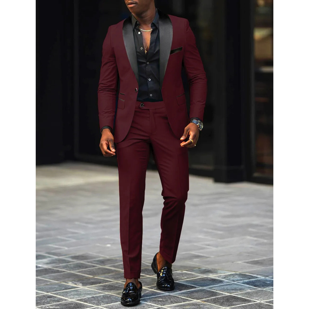 Men's slim fit black tuxedo suit with satin lapels, structured blazer and matching trousers for weddings