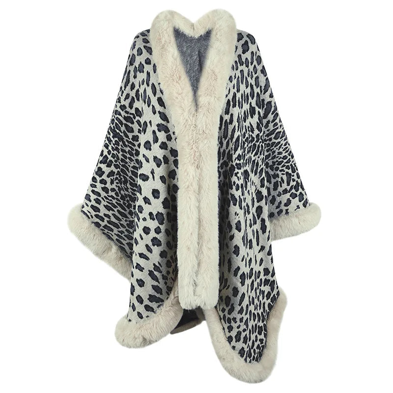 Women's leopard print velvet shawl wrap with faux fur trim, flowing silhouette, ultra-soft luxury feel