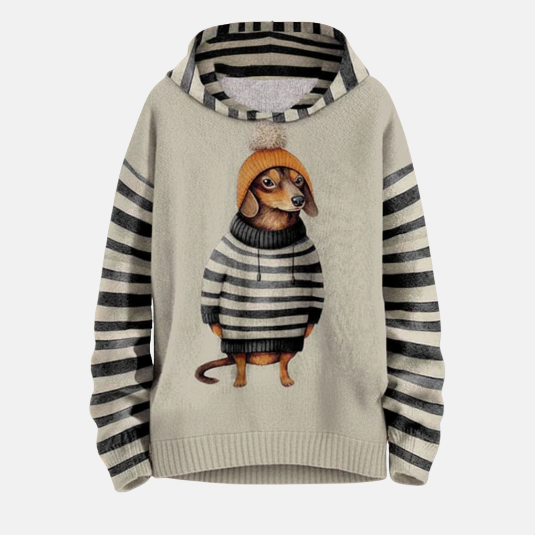 Women's loose fit fleece hoodie grey striped sleeves playful dog motif cozy casual streetwear