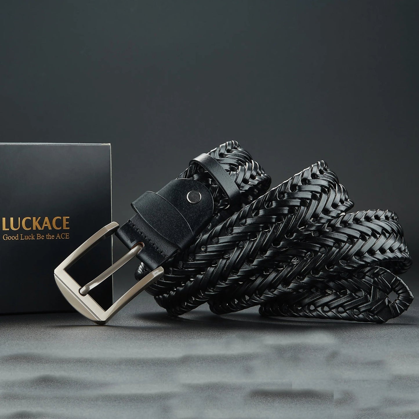 Men's brown handwoven diagonal braided leather belt with polished buckle, Kingsley cowhide design