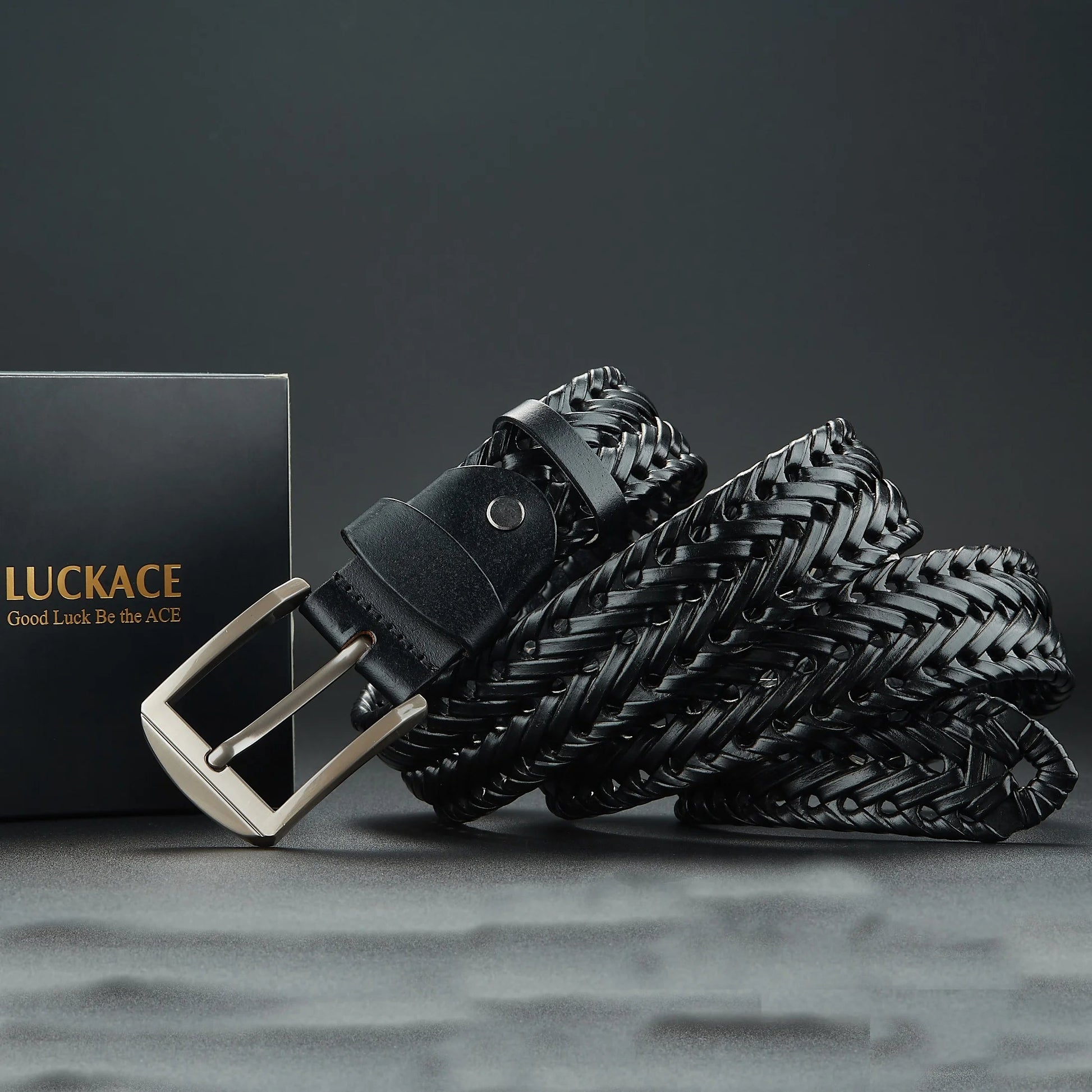 Men's brown handwoven diagonal braided leather belt with polished buckle, Kingsley cowhide design