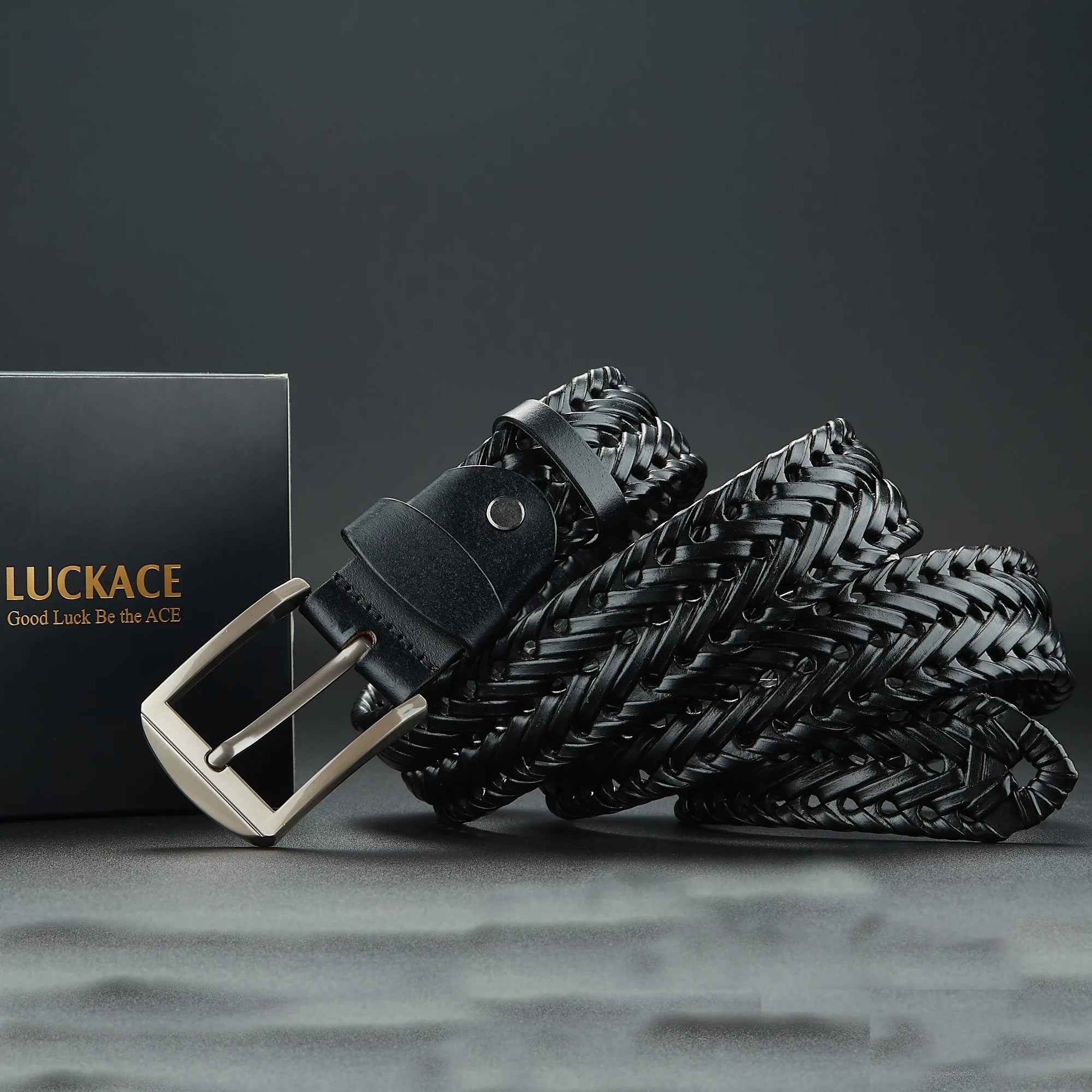 Men's brown handwoven diagonal braided leather belt with polished buckle, Kingsley cowhide design