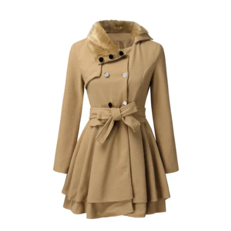 Women's A-line belted coat with faux fur collar and double-button closure for autumn winter