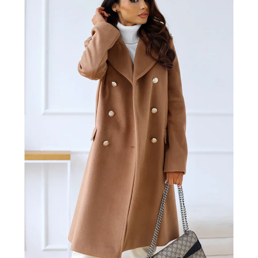 Women's long tailored coat chic double-breasted buttons wide lapels timeless style