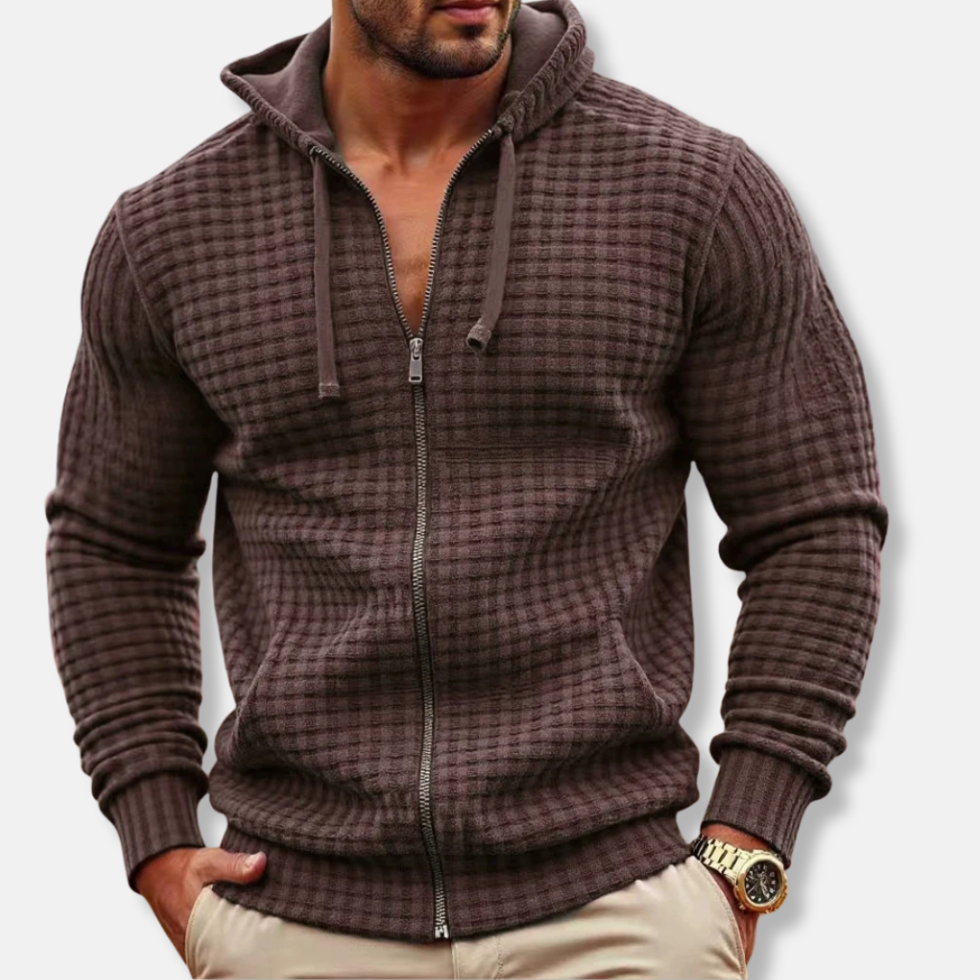 Men's zip-up hoodie cotton blend regular fit with textured grid pattern in neutral tone