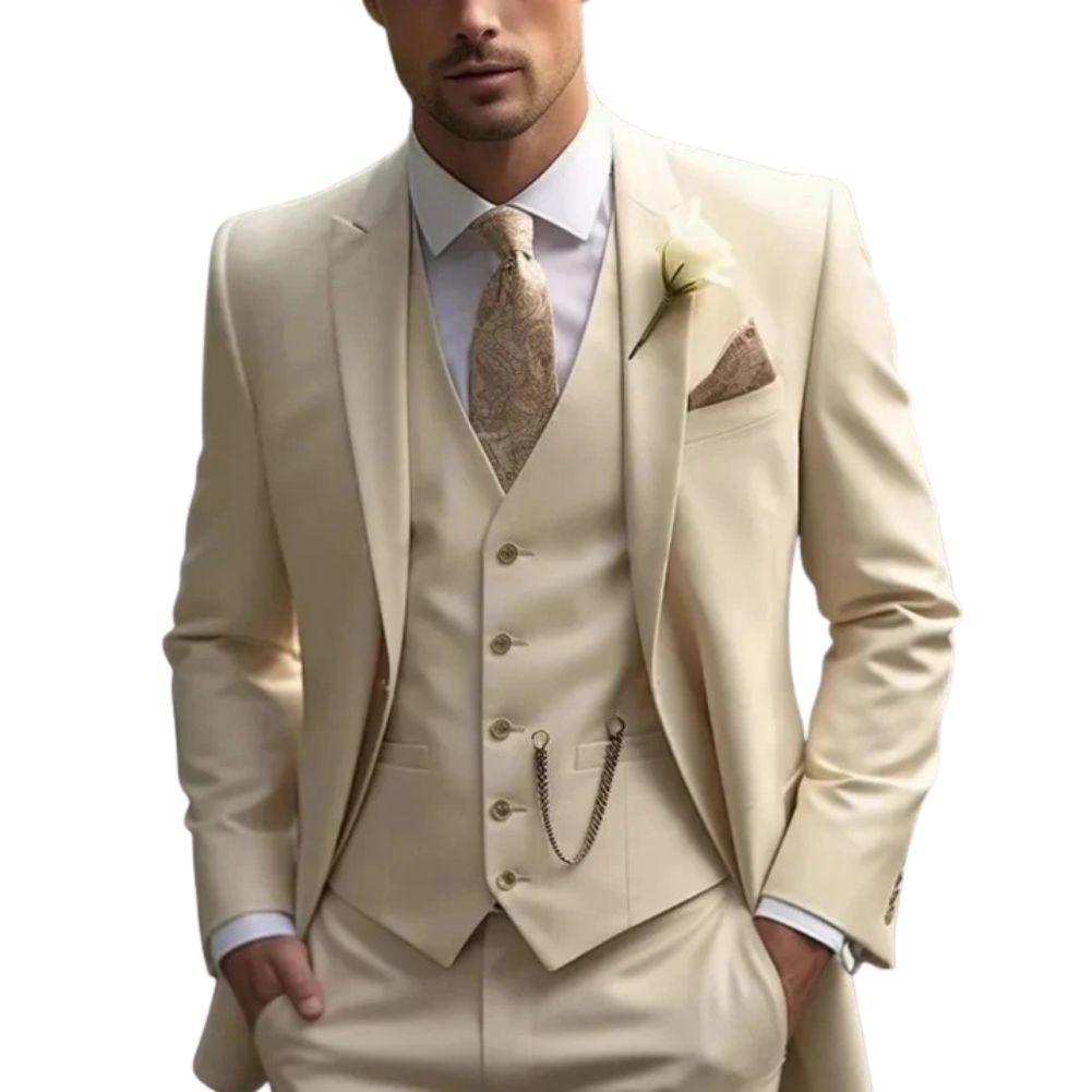 Men's slim fit three-piece formal suit in classic tone, sharp silhouette with matching vest for weddings