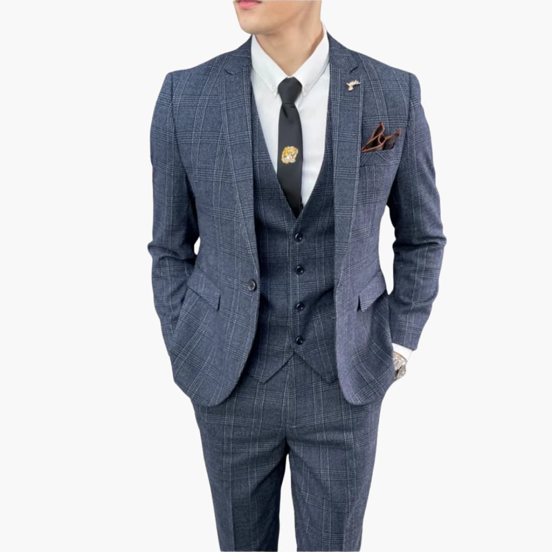 Men's lightweight three-piece check suit blazer vest trousers wedding formal all-season coordinated set