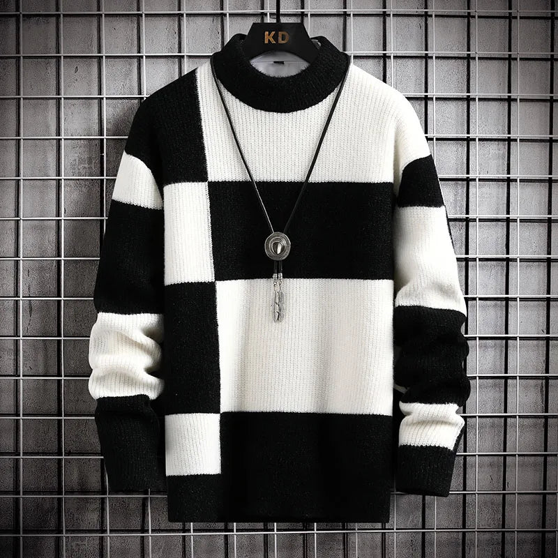 Men's relaxed-fit checkered knit sweater in neutral tones with timeless block pattern