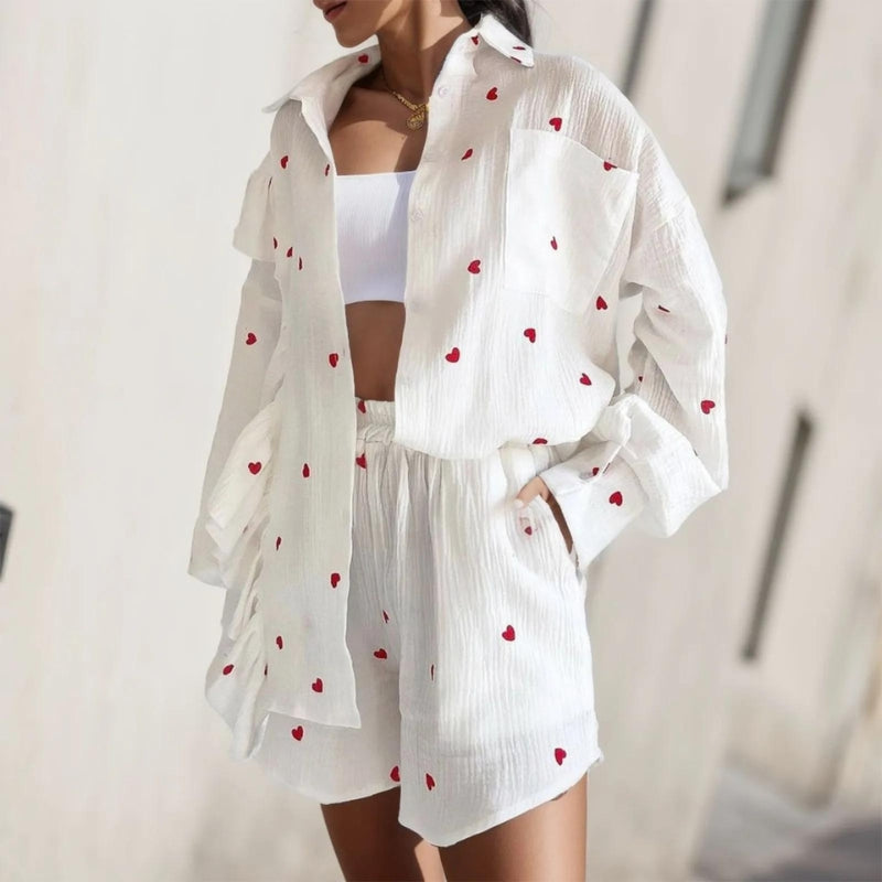 Women's heart print two-piece set soft casual fabric breezy brunch-to-beach coordinated outfit
