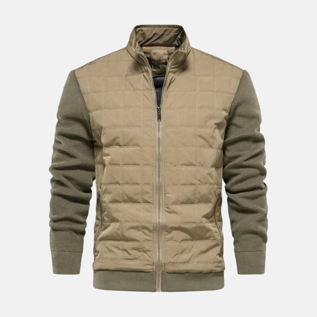 Men's black bomber jacket modern fit with quilted front panels and contrast knit sleeves ribbed trim