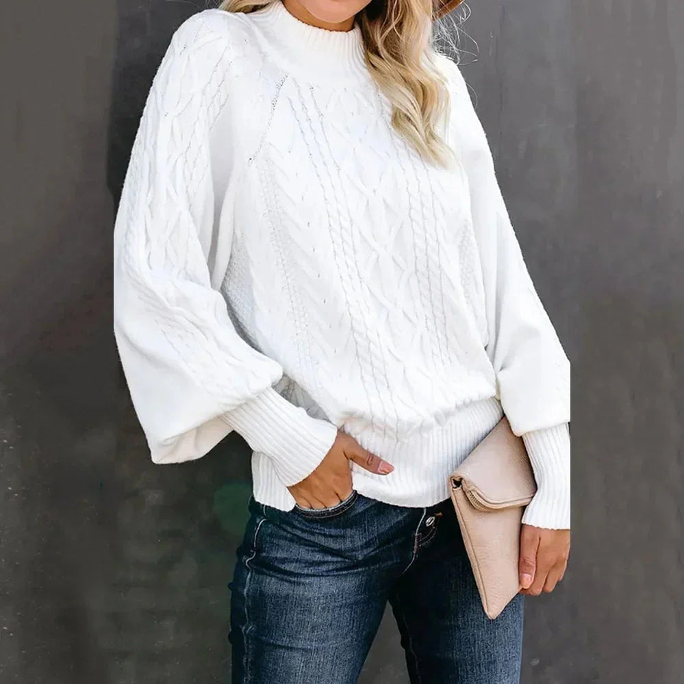 Women's oversized cream cable knit sweater high neck relaxed fit cozy textured pullover