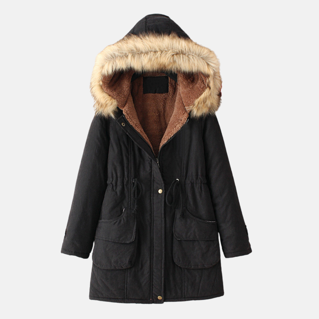 Women's slim-fit parka coat with sherpa lining and faux fur hood, city-ready winter essential