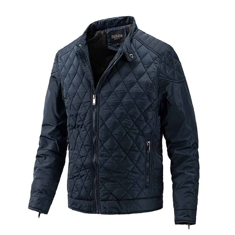 Men's lightweight black puffer jacket with diamond quilting and front zipper for everyday winter warmth