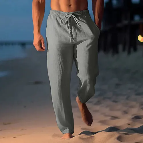 Men's lightweight linen straight-leg pants mid-rise breathable blend for travel and city wear