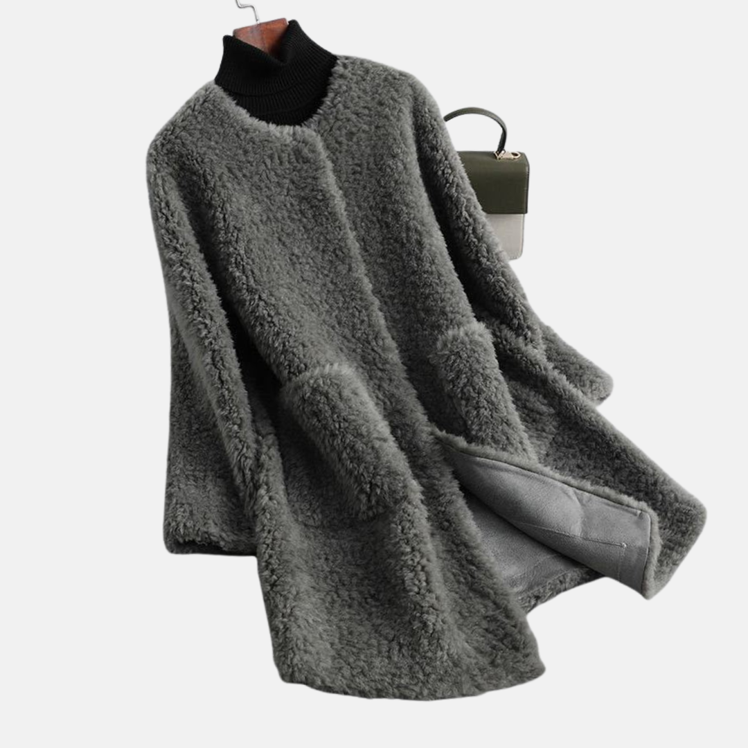 Women's faux fur open front coat mid-thigh length luxurious winter outerwear elegant relaxed fit